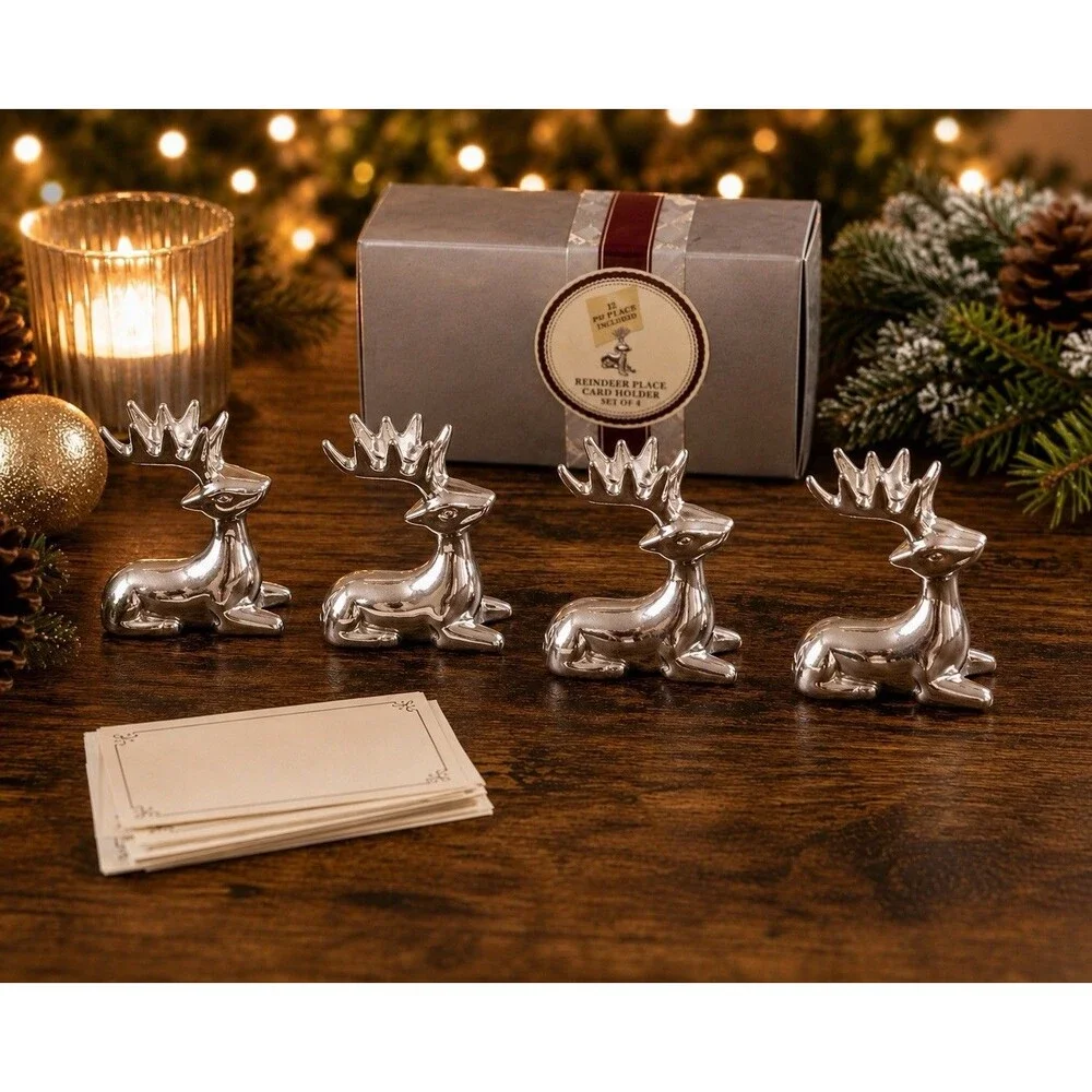 VTG Silver Plated Reindeer Place Card Holders Set of 4 with Blank Placecards